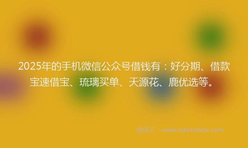 2025年的手机微信公众号借钱有：好分期、借款宝速借宝、琉璃买单、天源花、鹿优选等。