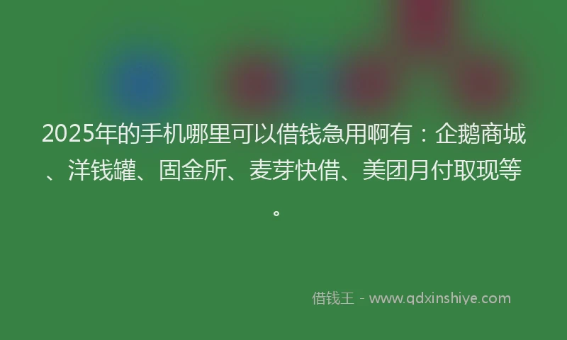 2025年的手机哪里可以借钱急用啊有：企鹅商城、洋钱罐、固金所、麦芽快借、美团月付取现等。