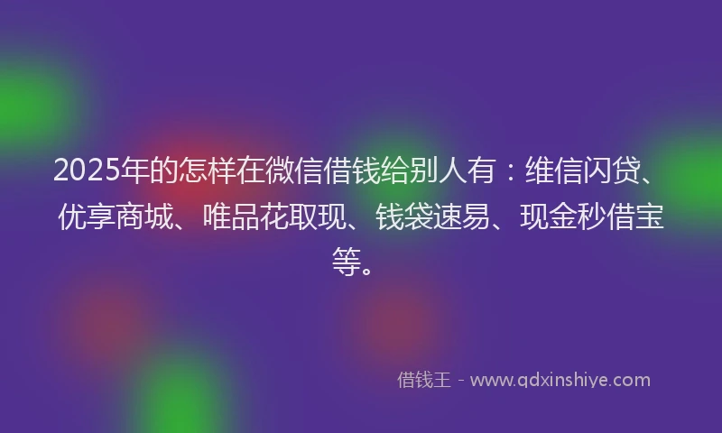 2025年的怎样在微信借钱给别人有：维信闪贷、优享商城、唯品花取现、钱袋速易、现金秒借宝等。