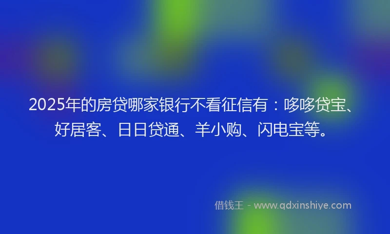 2025年的房贷哪家银行不看征信有：哆哆贷宝、好居客、日日贷通、羊小购、闪电宝等。