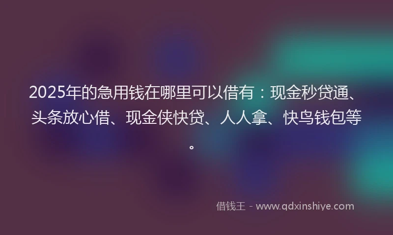 2025年的急用钱在哪里可以借有：现金秒贷通、头条放心借、现金侠快贷、人人拿、快鸟钱包等。