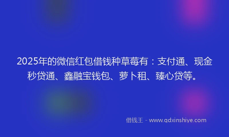 2025年的微信红包借钱种草莓有：支付通、现金秒贷通、鑫融宝钱包、萝卜租、臻心贷等。