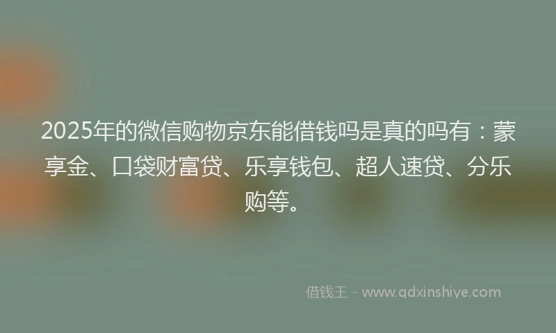 2025年的微信购物京东能借钱吗是真的吗有：蒙享金、口袋财富贷、乐享钱包、超人速贷、分乐购等。
