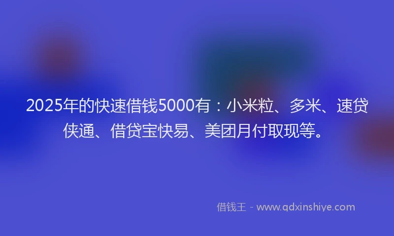 2025年的快速借钱5000有：小米粒、多米、速贷侠通、借贷宝快易、美团月付取现等。