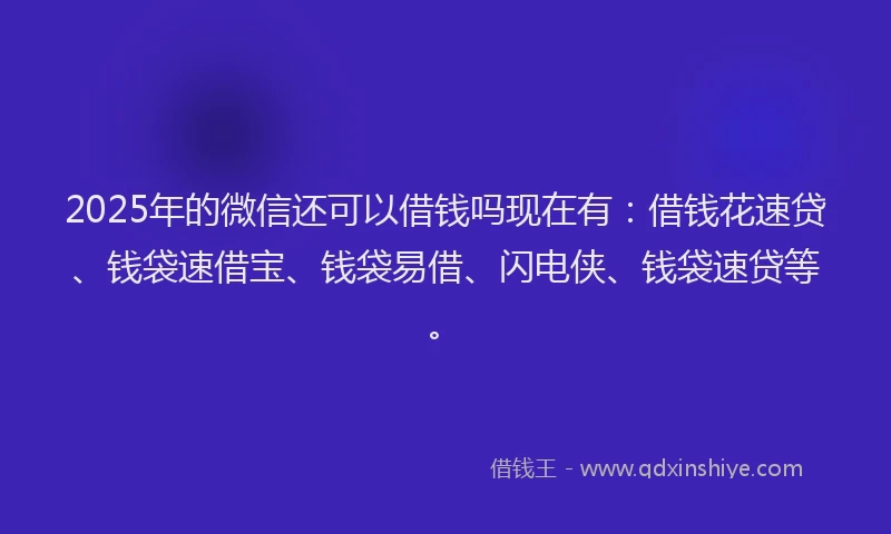 2025年的微信还可以借钱吗现在有：借钱花速贷、钱袋速借宝、钱袋易借、闪电侠、钱袋速贷等。