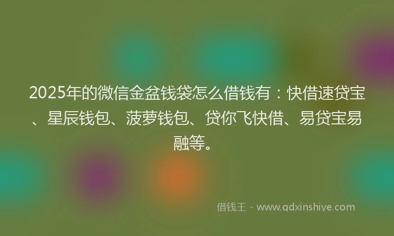 2025年的微信金盆钱袋怎么借钱有：快借速贷宝、星辰钱包、菠萝钱包、贷你飞快借、易贷宝易融等。