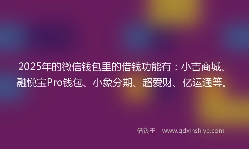 2025年的微信钱包里的借钱功能有：小吉商城、融悦宝Pro钱包、小象分期、超爱财、亿运通等。
