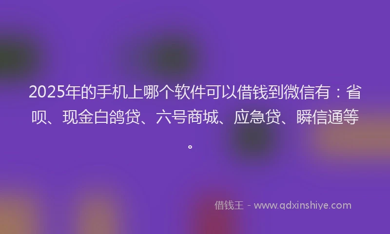 2025年的手机上哪个软件可以借钱到微信有：省呗、现金白鸽贷、六号商城、应急贷、瞬信通等。