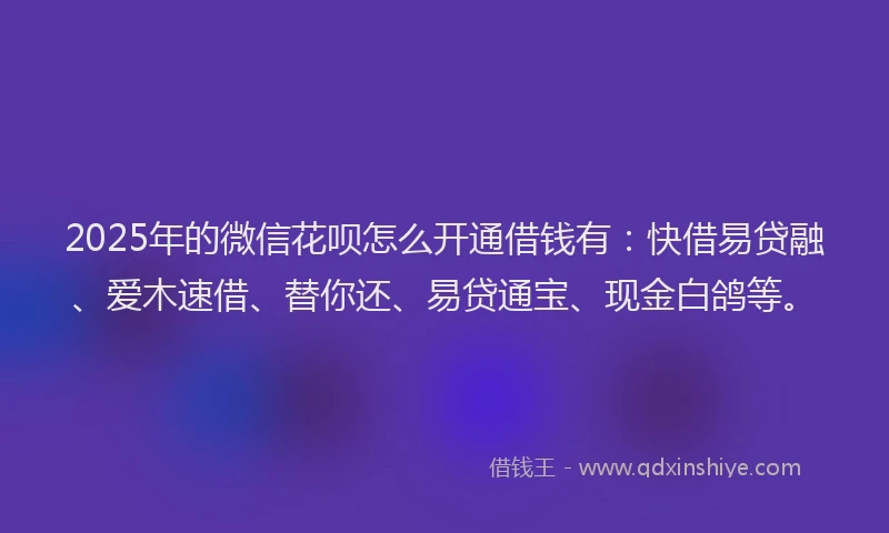 2025年的微信花呗怎么开通借钱有：快借易贷融、爱木速借、替你还、易贷通宝、现金白鸽等。