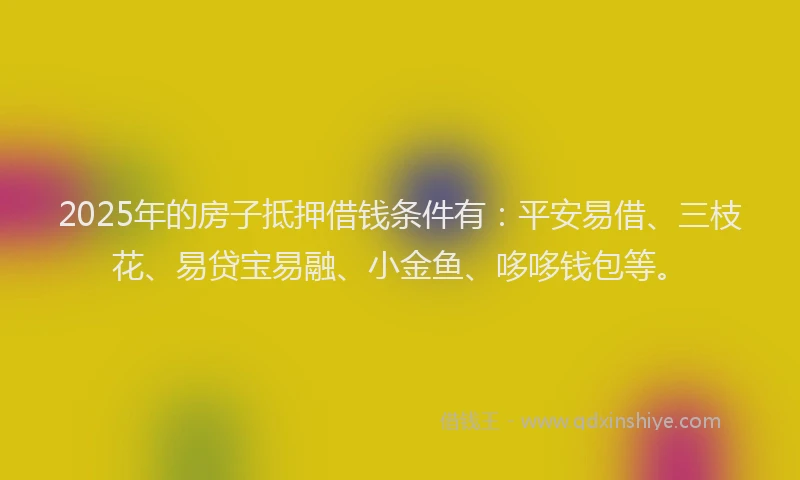 2025年的房子抵押借钱条件有：平安易借、三枝花、易贷宝易融、小金鱼、哆哆钱包等。