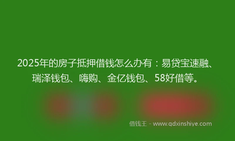 2025年的房子抵押借钱怎么办有：易贷宝速融、瑞泽钱包、嗨购、金亿钱包、58好借等。