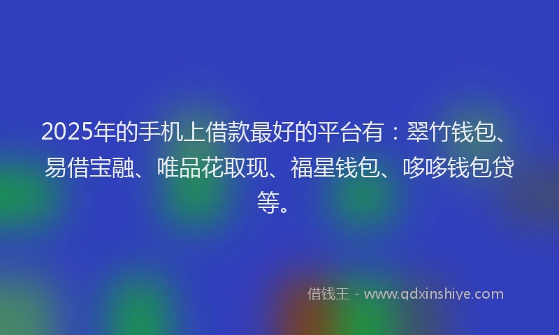 2025年的手机上借款最好的平台有：翠竹钱包、易借宝融、唯品花取现、福星钱包、哆哆钱包贷等。