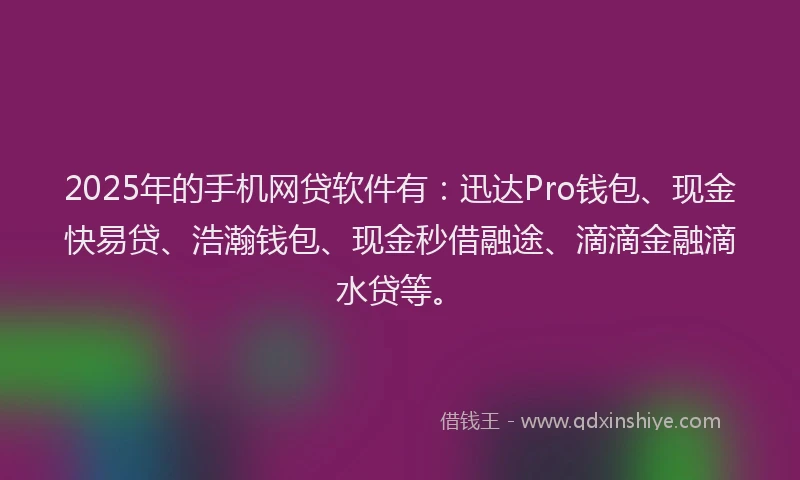 2025年的手机网贷软件有：迅达Pro钱包、现金快易贷、浩瀚钱包、现金秒借融途、滴滴金融滴水贷等。