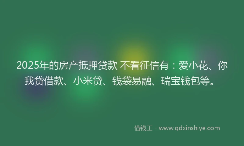 2025年的房产抵押贷款 不看征信有：爱小花、你我贷借款、小米贷、钱袋易融、瑞宝钱包等。