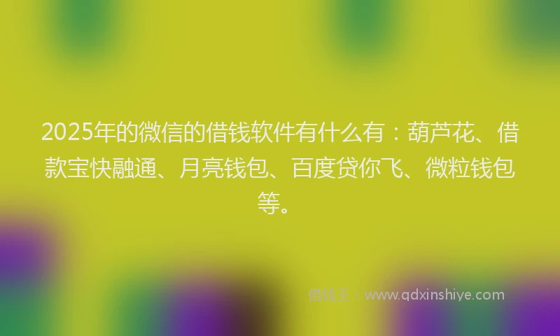 2025年的微信的借钱软件有什么有：葫芦花、借款宝快融通、月亮钱包、百度贷你飞、微粒钱包等。