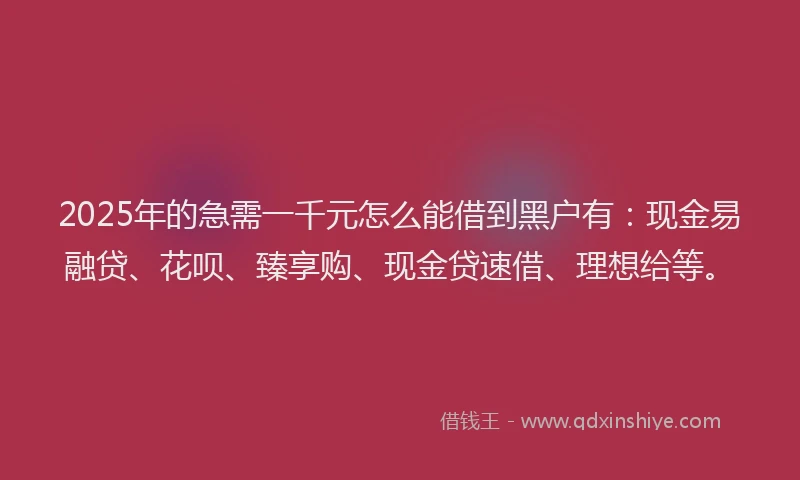 2025年的急需一千元怎么能借到黑户有：现金易融贷、花呗、臻享购、现金贷速借、理想给等。