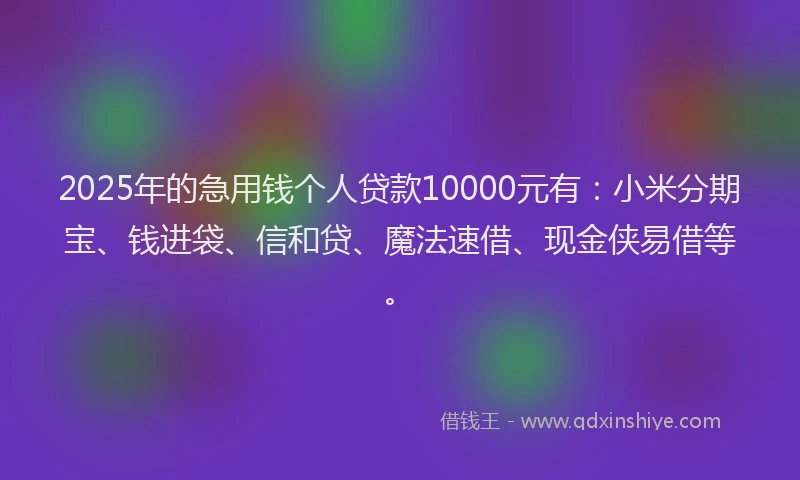 2025年的急用钱个人贷款10000元有：小米分期宝、钱进袋、信和贷、魔法速借、现金侠易借等。
