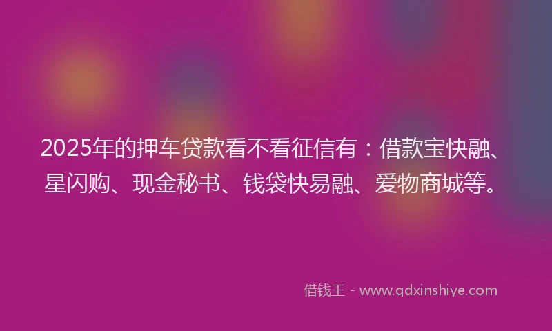 2025年的押车贷款看不看征信有：借款宝快融、星闪购、现金秘书、钱袋快易融、爱物商城等。