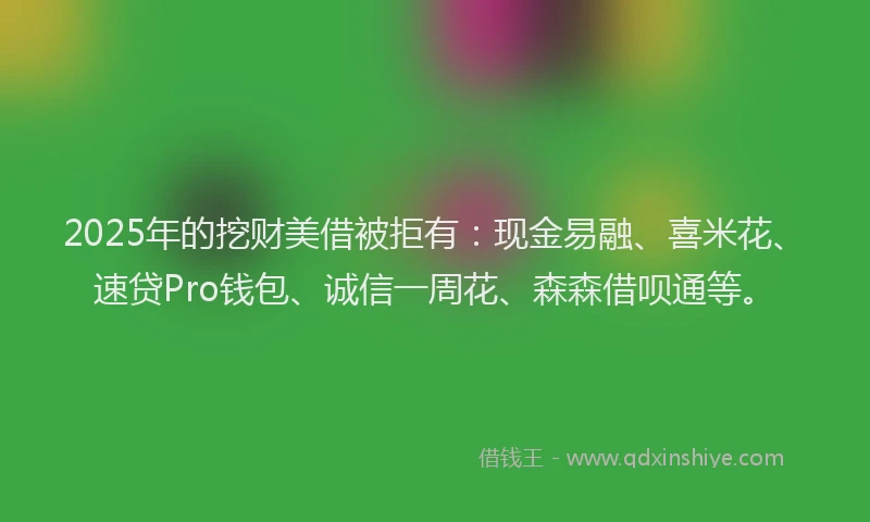 2025年的挖财美借被拒有：现金易融、喜米花、速贷Pro钱包、诚信一周花、森森借呗通等。
