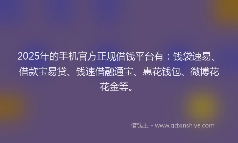 2025年的手机官方正规借钱平台有：钱袋速易、借款宝易贷、钱速借融通宝、惠花钱包、微博花花金等。