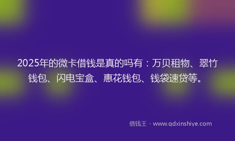 2025年的微卡借钱是真的吗有：万贝租物、翠竹钱包、闪电宝盒、惠花钱包、钱袋速贷等。
