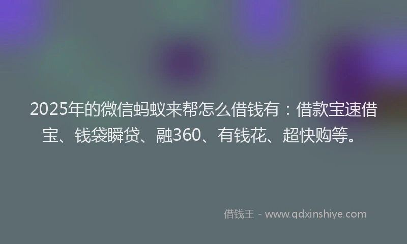 2025年的微信蚂蚁来帮怎么借钱有：借款宝速借宝、钱袋瞬贷、融360、有钱花、超快购等。