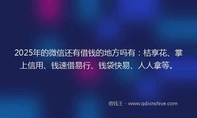 2025年的微信还有借钱的地方吗有：桔享花、掌上信用、钱速借易行、钱袋快易、人人拿等。