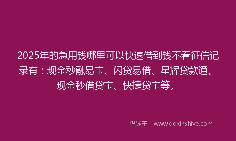 2025年的急用钱哪里可以快速借到钱不看征信记录有：现金秒融易宝、闪贷易借、星辉贷款通、现金秒借贷宝、快捷贷宝等。