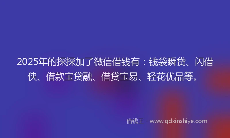 2025年的探探加了微信借钱有：钱袋瞬贷、闪借侠、借款宝贷融、借贷宝易、轻花优品等。