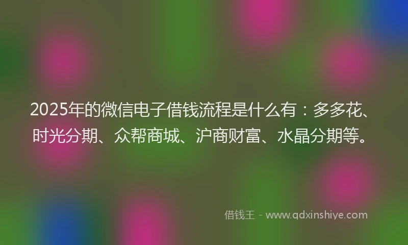 2025年的微信电子借钱流程是什么有：多多花、时光分期、众帮商城、沪商财富、水晶分期等。