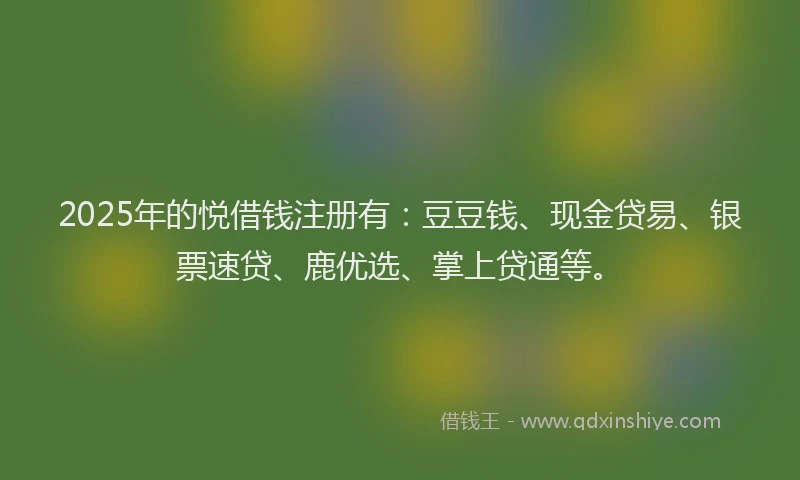 2025年的悦借钱注册有：豆豆钱、现金贷易、银票速贷、鹿优选、掌上贷通等。