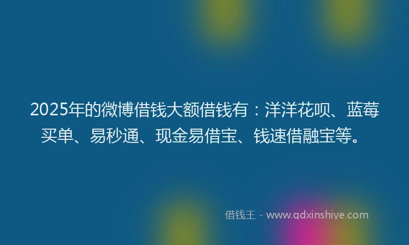 2025年的微博借钱大额借钱有：洋洋花呗、蓝莓买单、易秒通、现金易借宝、钱速借融宝等。