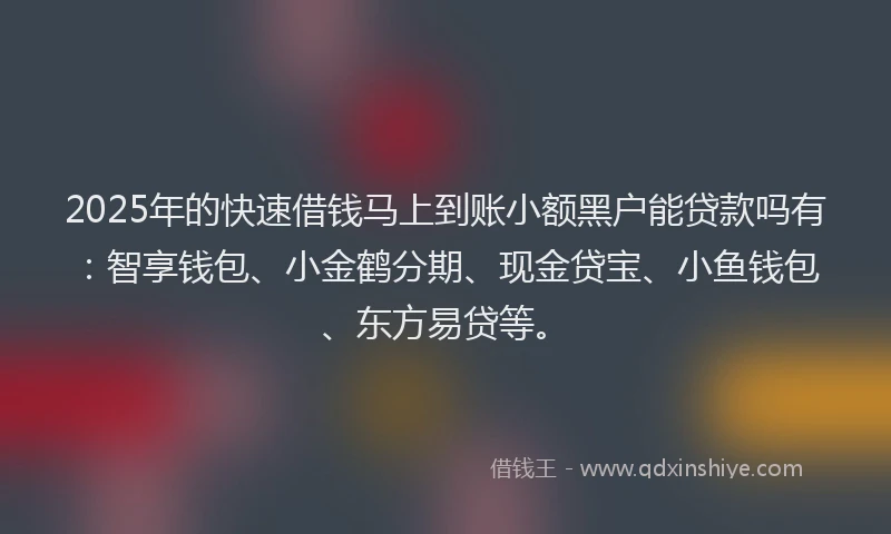 2025年的快速借钱马上到账小额黑户能贷款吗有：智享钱包、小金鹤分期、现金贷宝、小鱼钱包、东方易贷等。