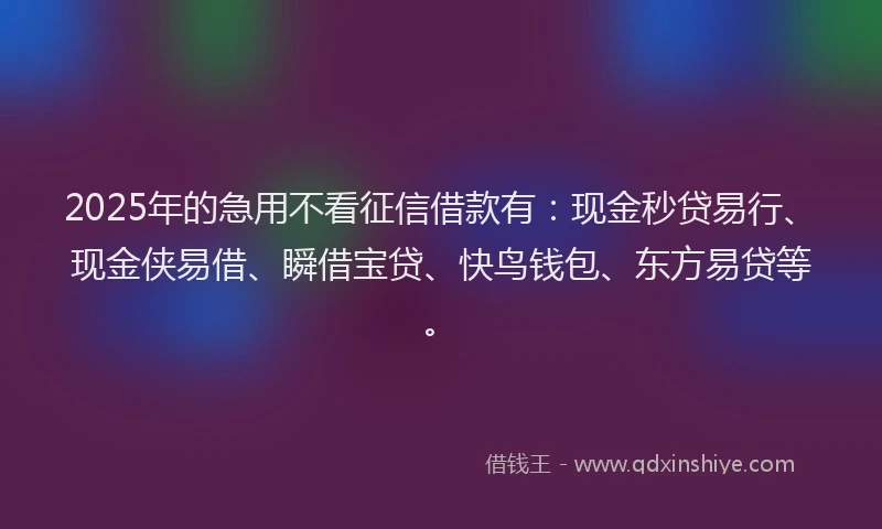 2025年的急用不看征信借款有：现金秒贷易行、现金侠易借、瞬借宝贷、快鸟钱包、东方易贷等。