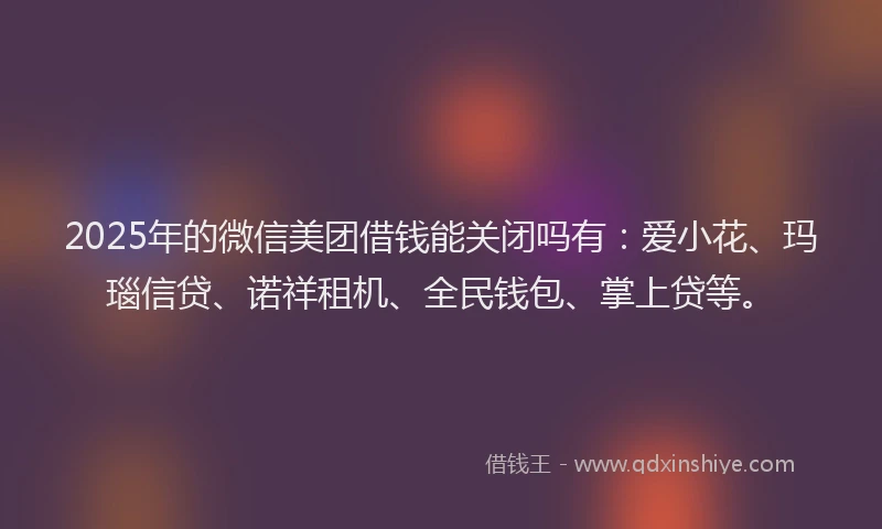 2025年的微信美团借钱能关闭吗有：爱小花、玛瑙信贷、诺祥租机、全民钱包、掌上贷等。