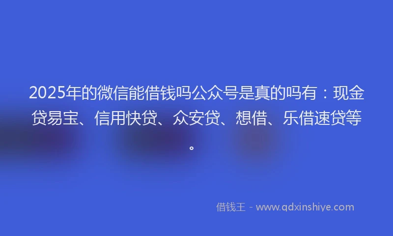2025年的微信能借钱吗公众号是真的吗有：现金贷易宝、信用快贷、众安贷、想借、乐借速贷等。