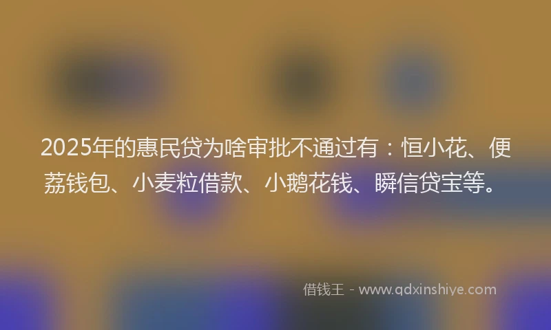2025年的惠民贷为啥审批不通过有：恒小花、便荔钱包、小麦粒借款、小鹅花钱、瞬信贷宝等。