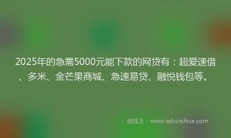 2025年的急需5000元能下款的网贷有：超爱速借、多米、金芒果商城、急速易贷、融悦钱包等。