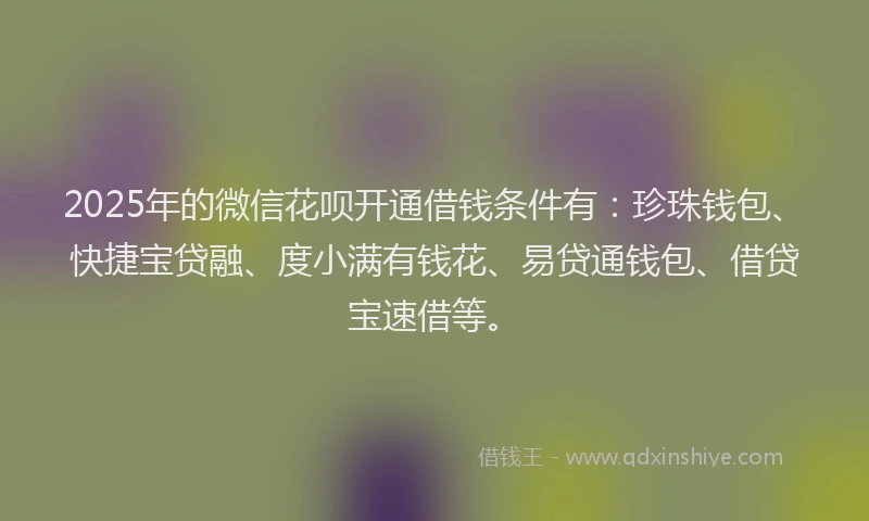 2025年的微信花呗开通借钱条件有：珍珠钱包、快捷宝贷融、度小满有钱花、易贷通钱包、借贷宝速借等。