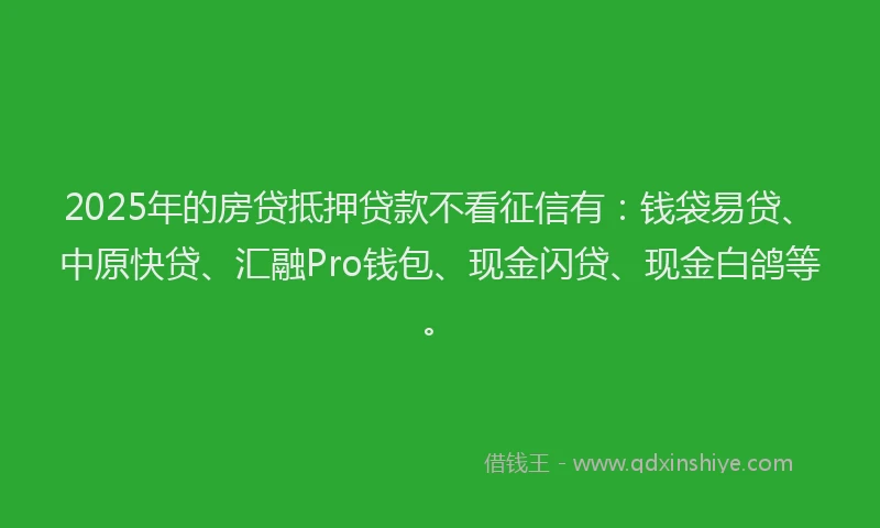 2025年的房贷抵押贷款不看征信有：钱袋易贷、中原快贷、汇融Pro钱包、现金闪贷、现金白鸽等。