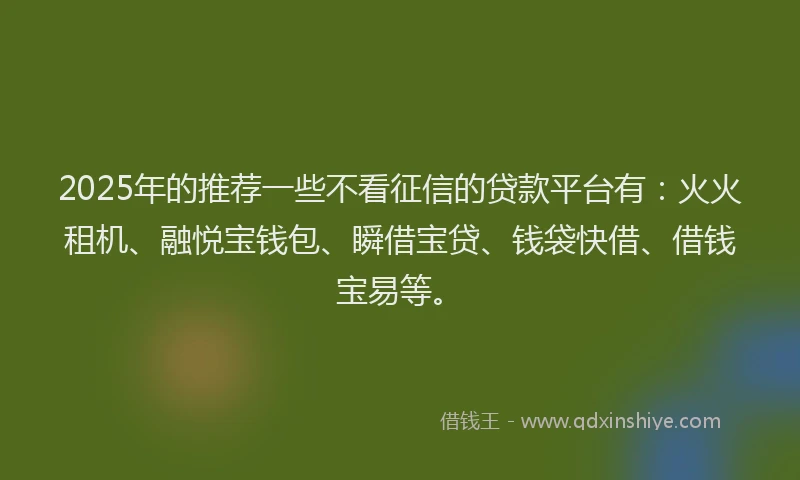 2025年的推荐一些不看征信的贷款平台有：火火租机、融悦宝钱包、瞬借宝贷、钱袋快借、借钱宝易等。