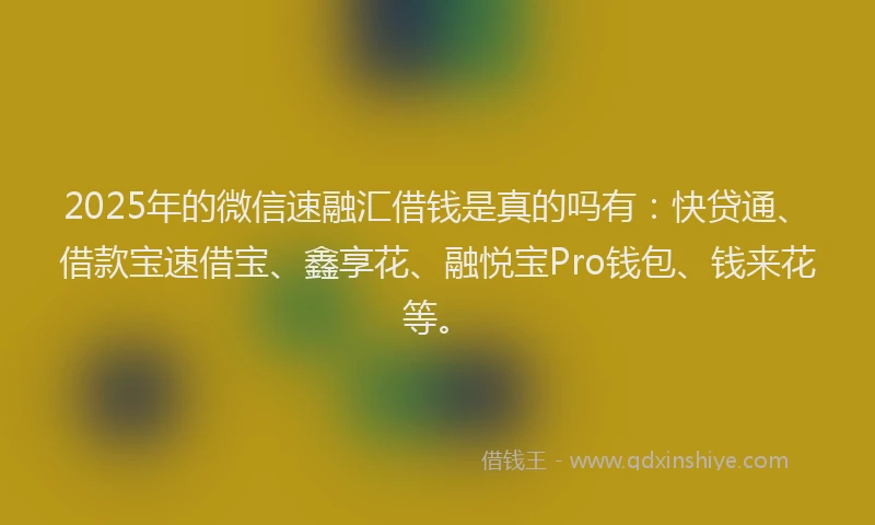 2025年的微信速融汇借钱是真的吗有：快贷通、借款宝速借宝、鑫享花、融悦宝Pro钱包、钱来花等。