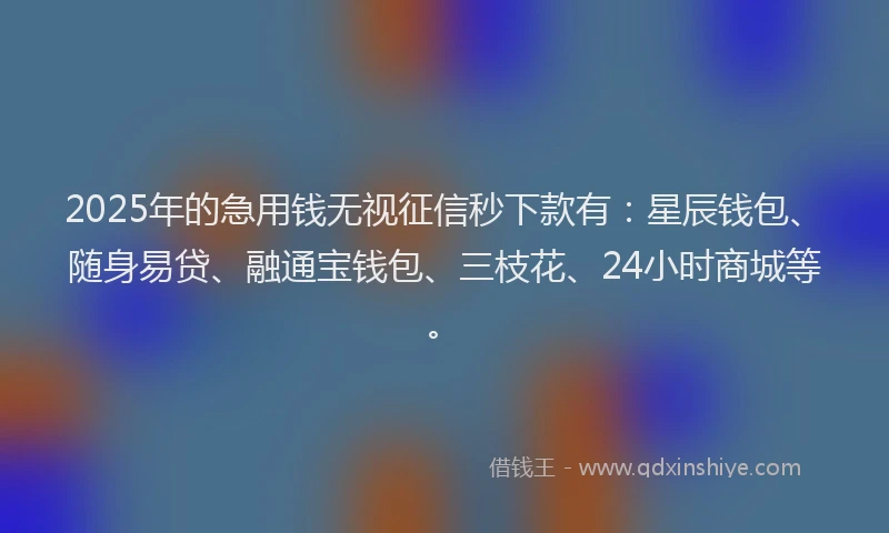 2025年的急用钱无视征信秒下款有：星辰钱包、随身易贷、融通宝钱包、三枝花、24小时商城等。