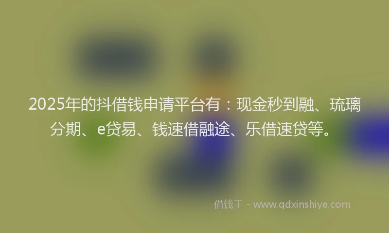 2025年的抖借钱申请平台有：现金秒到融、琉璃分期、e贷易、钱速借融途、乐借速贷等。