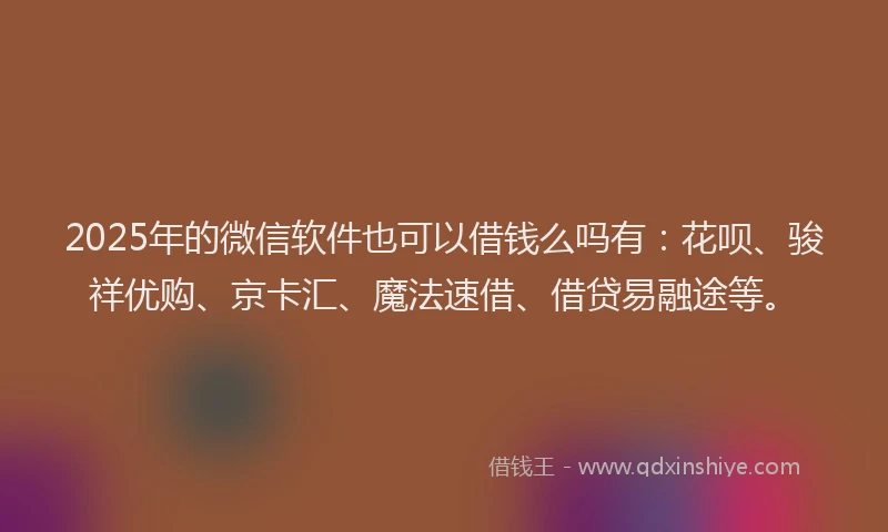 2025年的微信软件也可以借钱么吗有：花呗、骏祥优购、京卡汇、魔法速借、借贷易融途等。