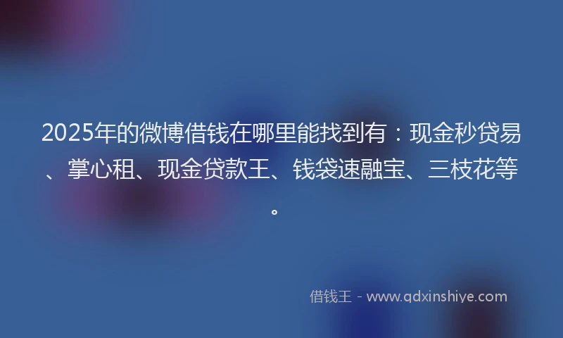 2025年的微博借钱在哪里能找到有：现金秒贷易、掌心租、现金贷款王、钱袋速融宝、三枝花等。