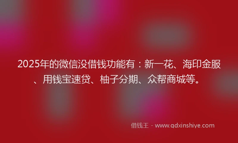 2025年的微信没借钱功能有：新一花、海印金服、用钱宝速贷、柚子分期、众帮商城等。