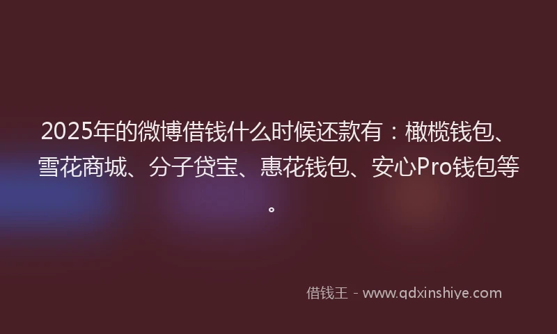 2025年的微博借钱什么时候还款有：橄榄钱包、雪花商城、分子贷宝、惠花钱包、安心Pro钱包等。