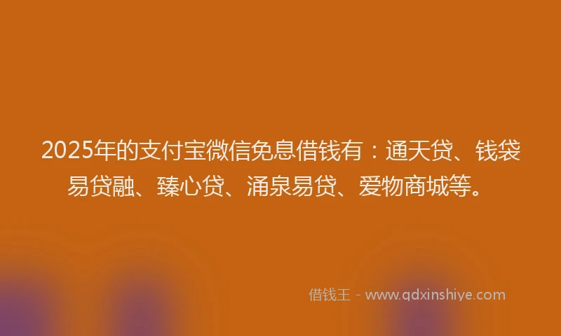 2025年的支付宝微信免息借钱有：通天贷、钱袋易贷融、臻心贷、涌泉易贷、爱物商城等。