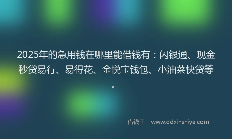 2025年的急用钱在哪里能借钱有：闪银通、现金秒贷易行、易得花、金悦宝钱包、小油菜快贷等。